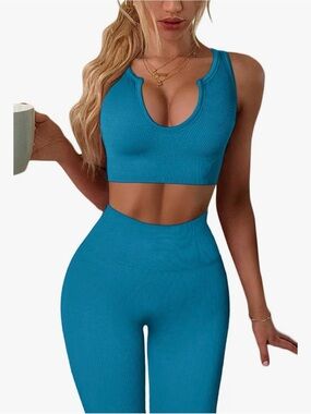 Seamless Ribbed Scoop Neck Crop Tank & High-Waist Legging Set - Teal